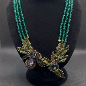 Green Beaded Necklace with Ornate Insect Pendant
